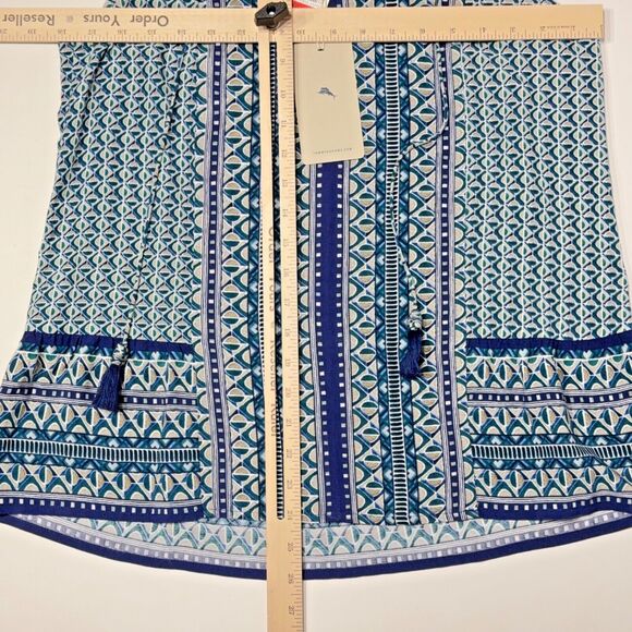 NWT Tommy Bahama Oversize Rayon Blue Green Geometric Tassel Blouse Women Size XS - Picture 11 of 13